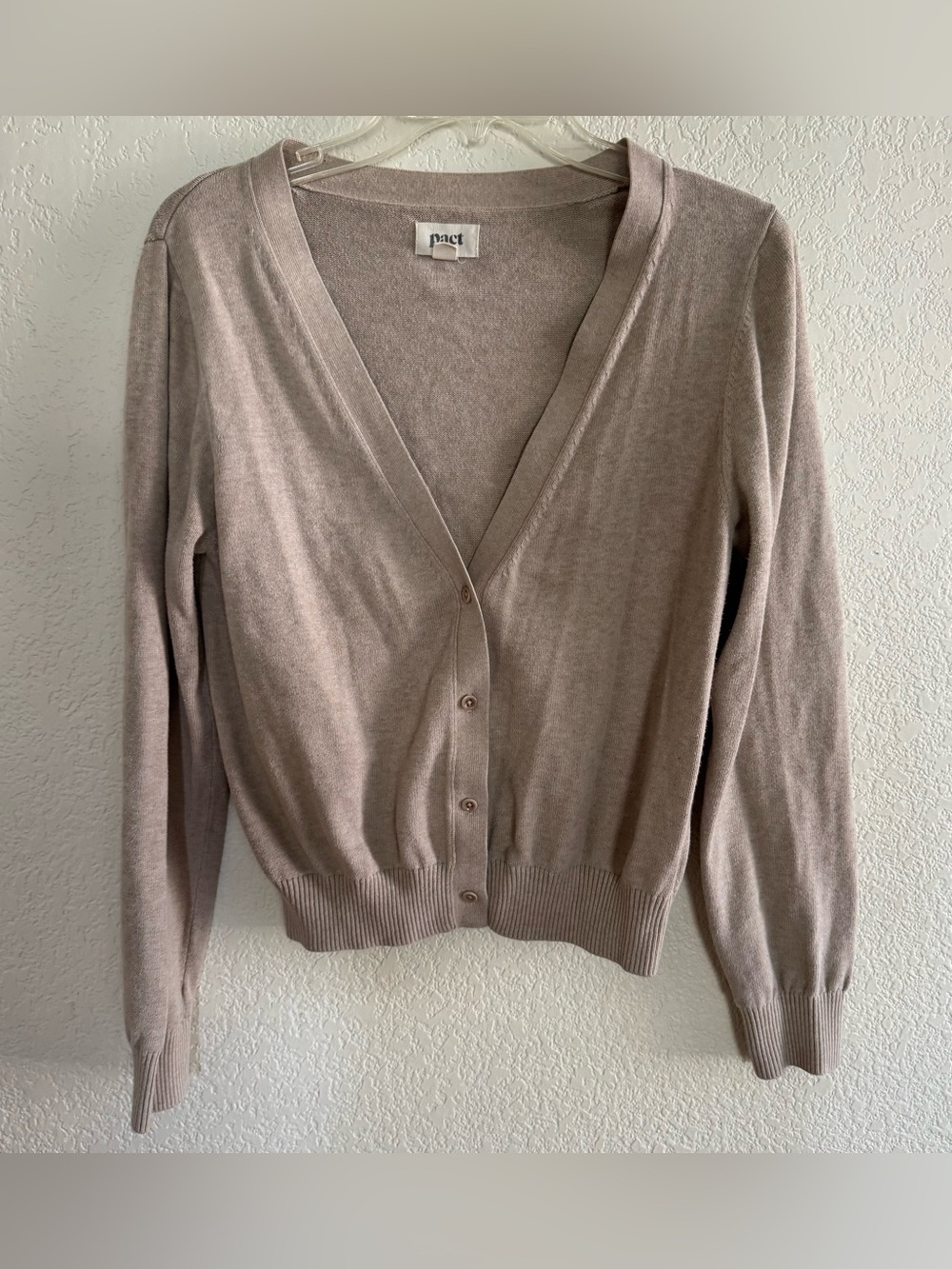 Pact Beige Preppy Cardigan 100% Organic Cotton Neck Button Up Classic Minimalist